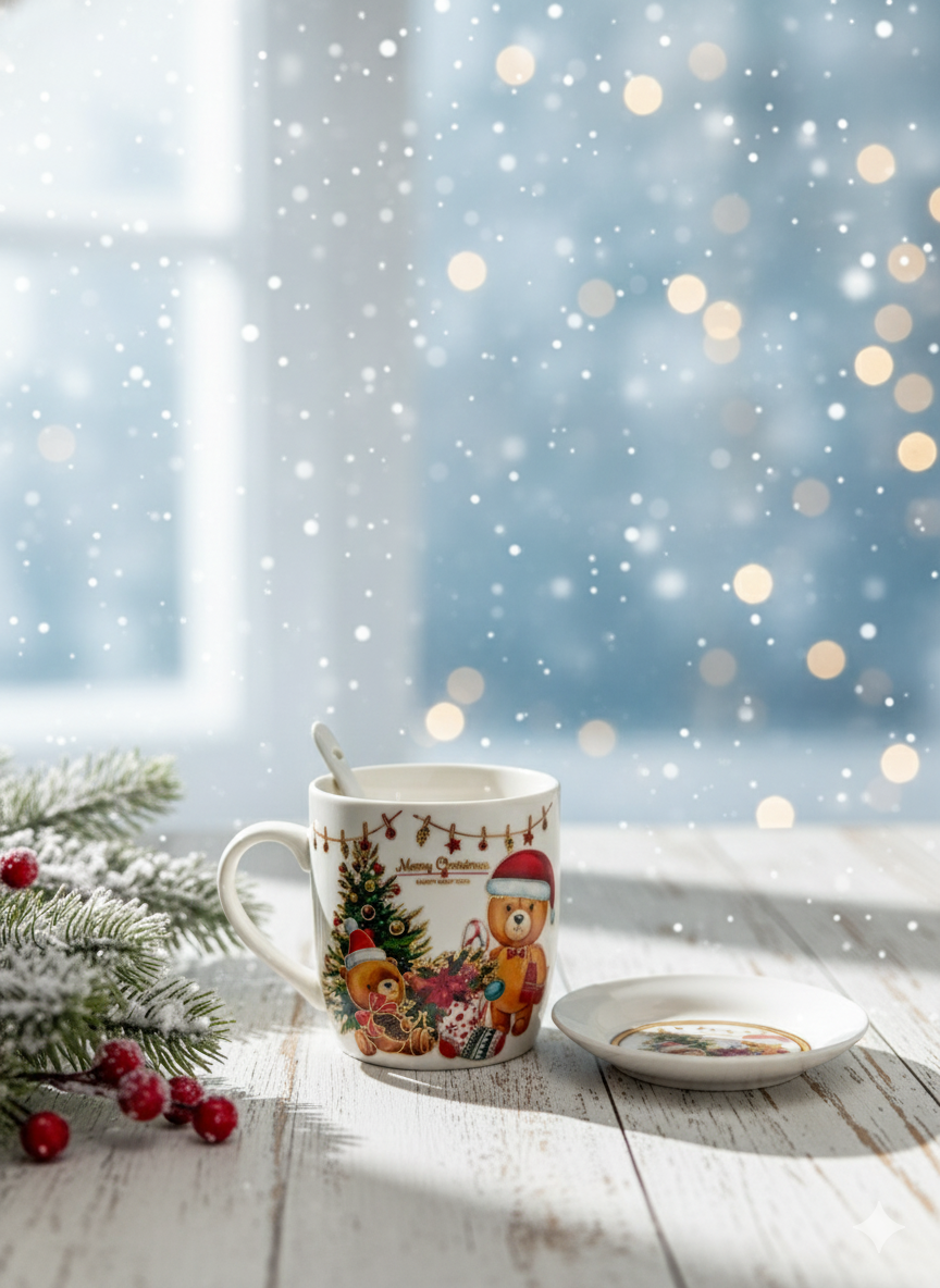 Ayıcıklı Noel Temalı Kupa – Tabak – Kaşık 3’lü Set