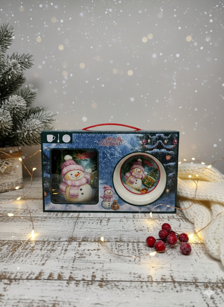 Kardan Adam Temalı Kupa – Tabak – Kaşık 3’lü Hediye Seti