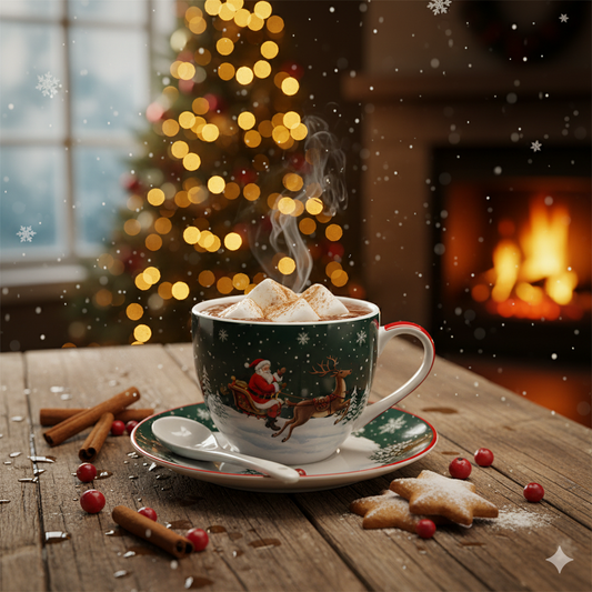 Noel Baba & Geyik Temalı Seramik Kupa – Tabak – Kaşık 3’lü Set