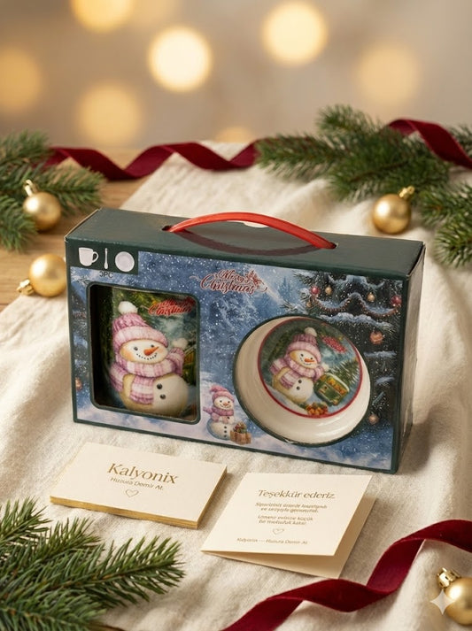 Kardan Adam Temalı Kupa – Tabak – Kaşık 3’lü Hediye Seti